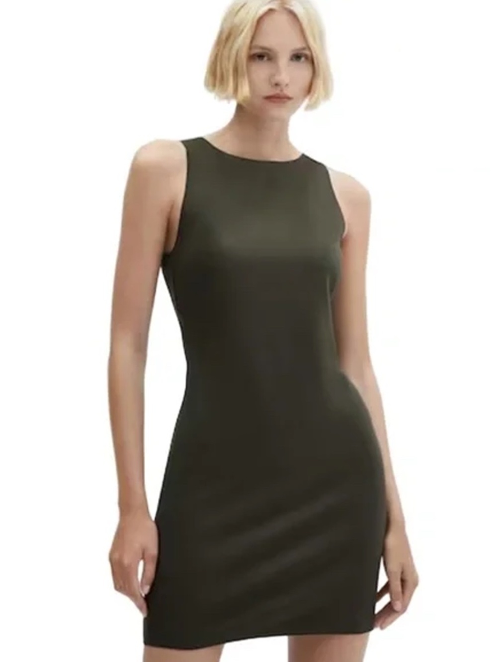 Mango Sheath Dress Dark Olive Green Sleeveless Body Hugging Design Pullover